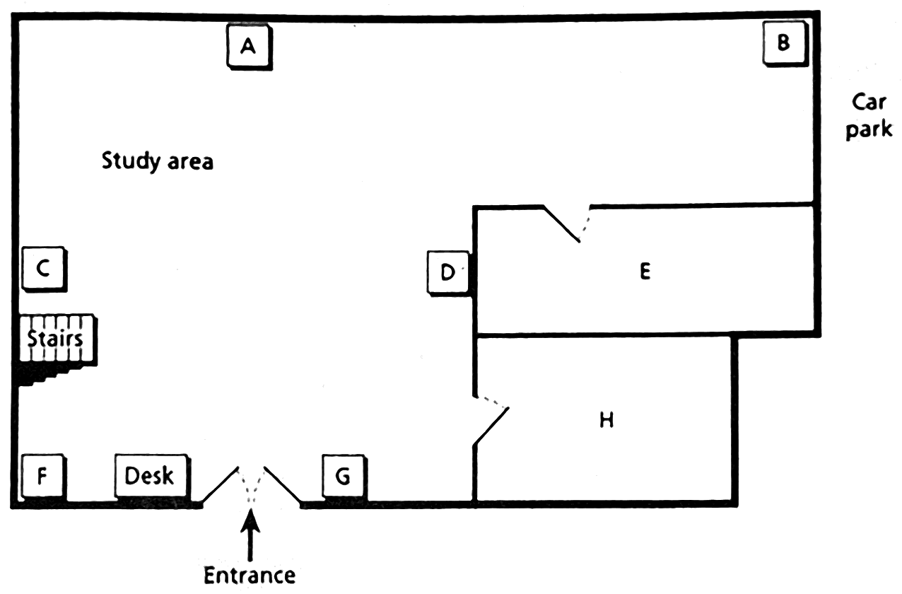 Floor plan of the ground floor of a building, with the entrance in the south wall and the car park outside to the east. It shows a large study area, stairs, a desk, and two rooms along the east side. Letters A to H mark eight places on the plan.