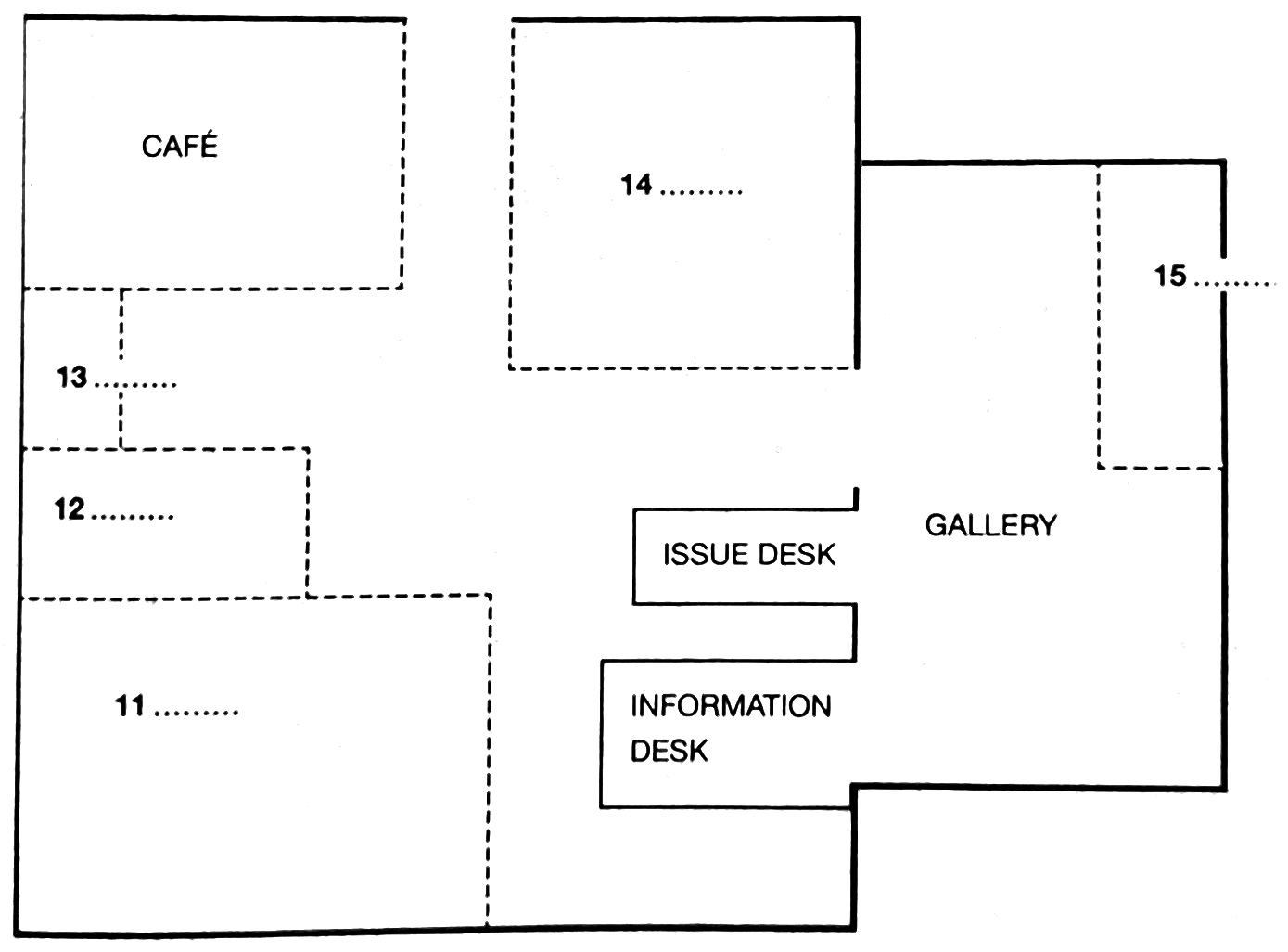 Floor plan of a library with a café, an issue desk, an information desk and a gallery. Five more areas, most of them marked off by dashed lines, are numbered 11 to 15.
